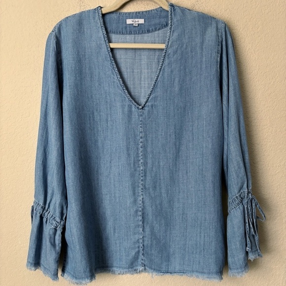 Rails Linen Blend Zimi Vintage Wash Chambray Bell Sleeves V Neck Long Sleeve Top - Picture 13 of 15